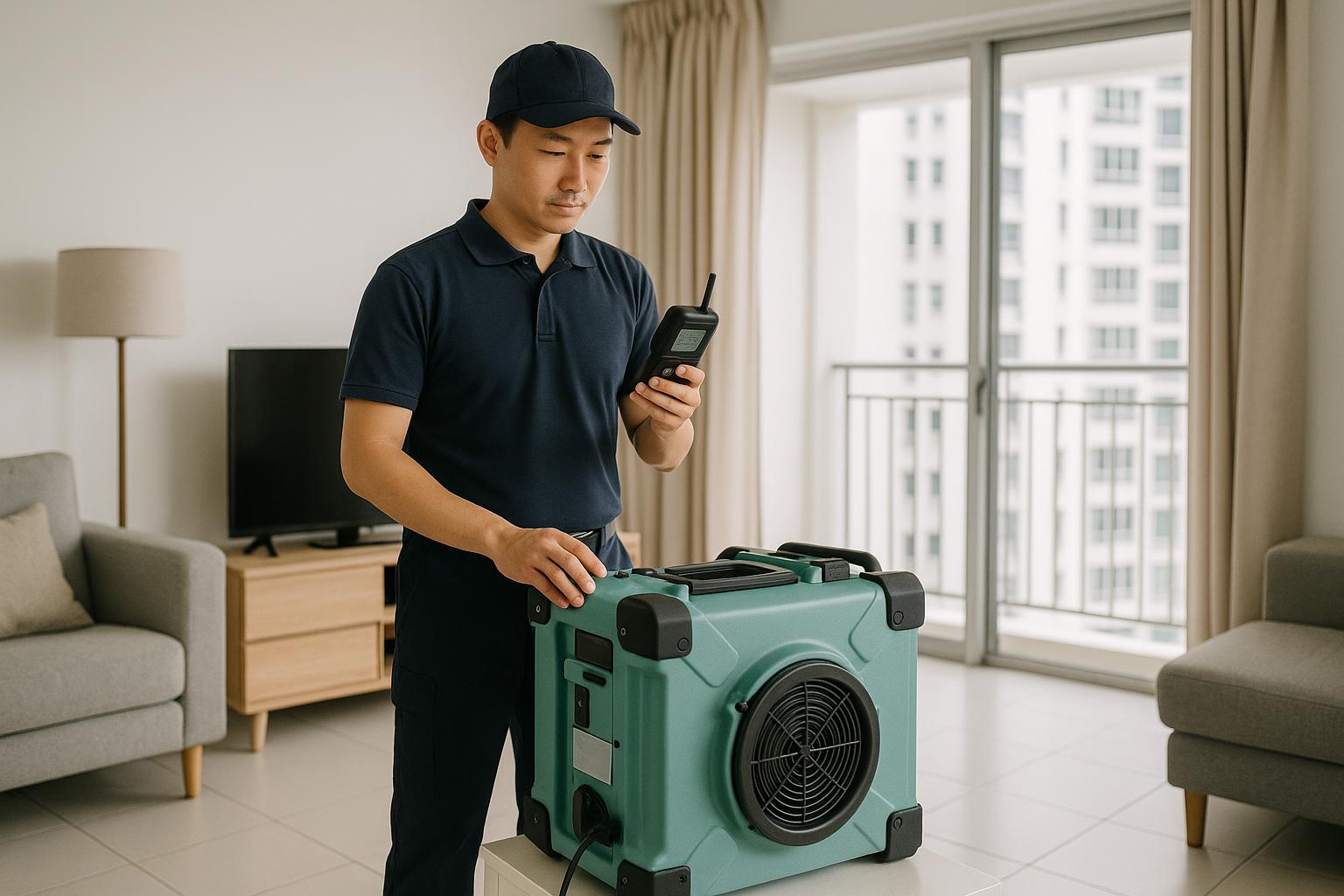 Indoor air quality specialist using HEPA air scrubber and VOC detector to eliminate musty odours in a Singapore HDB apartment