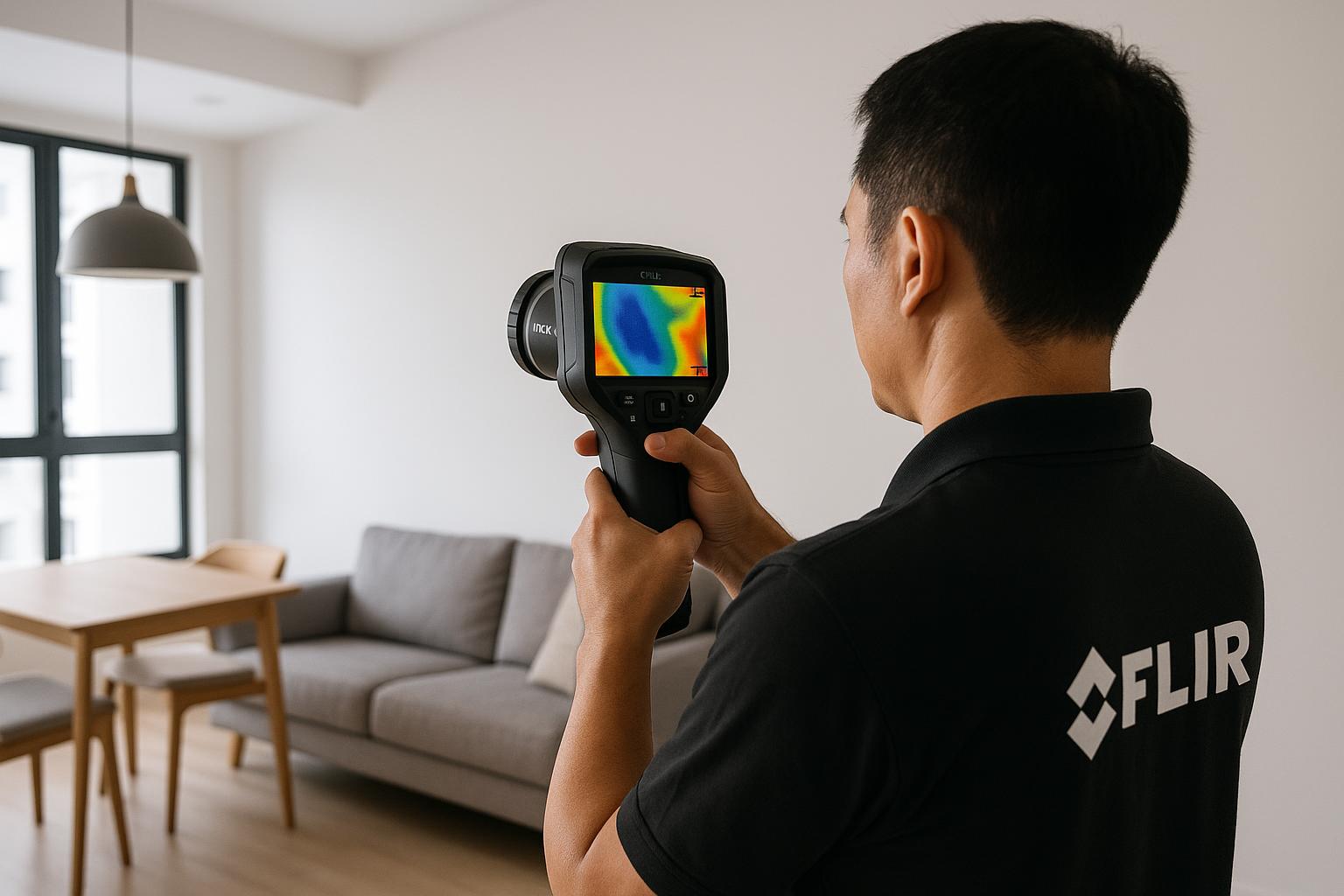Professional thermographer using FLIR thermal imaging camera to scan walls for hidden moisture in a Singapore apartment